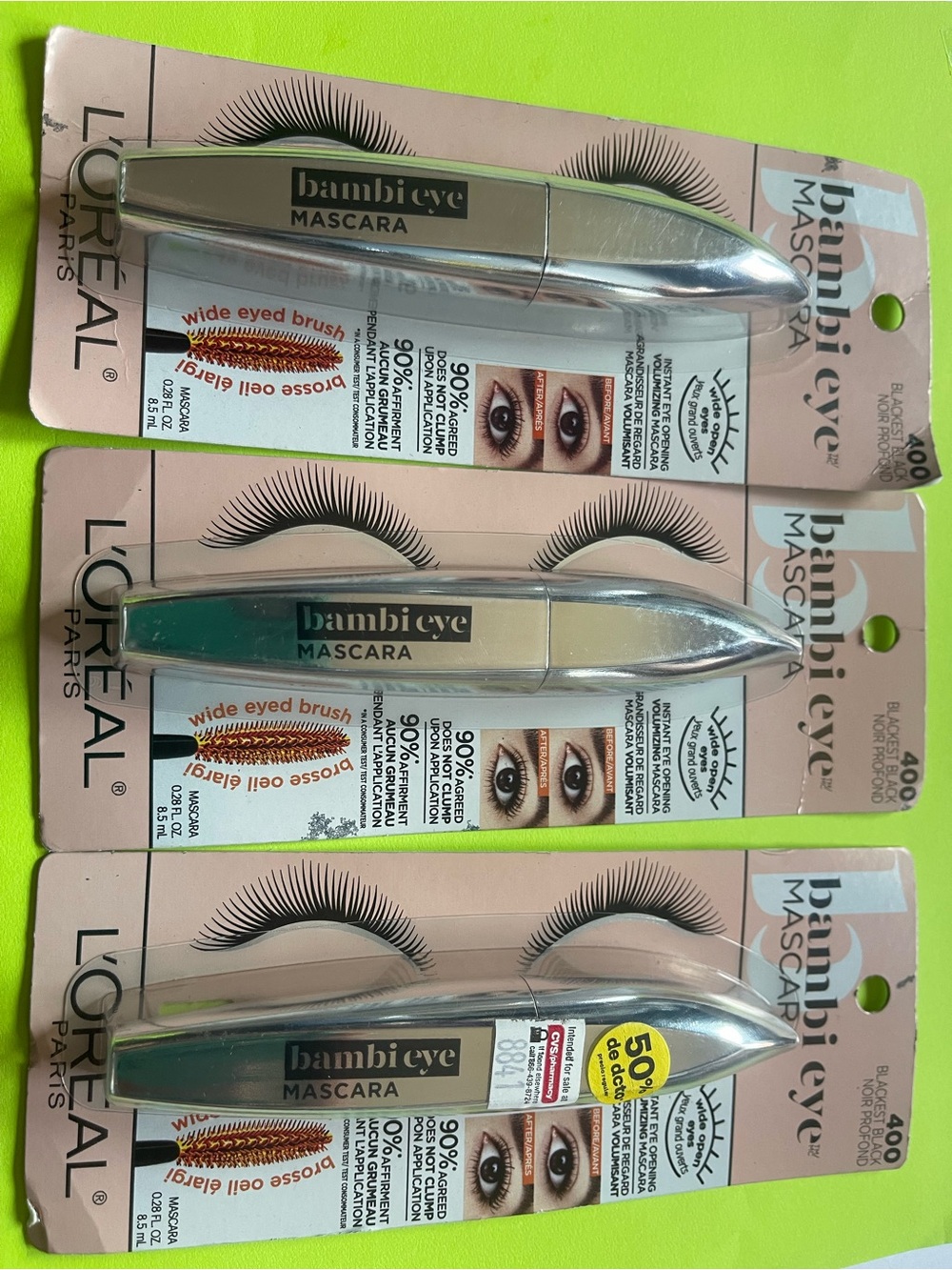 3 L'oreal BAMBI Eye Opening Volumizing Mascara 400 BLACKEST BLACK Washable